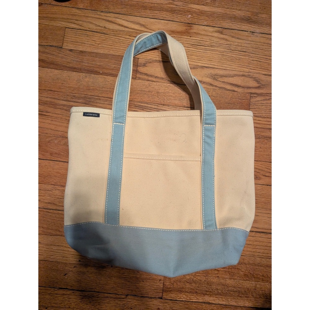 Lands End Canvas Tote Bag Cream Light Blue Open Top Pocket Handbag